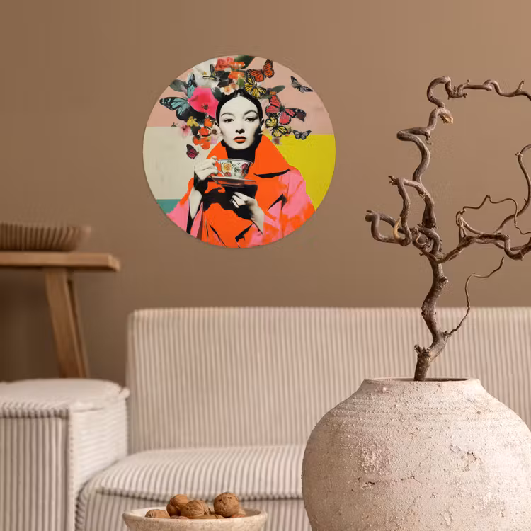Retro - Vrouw - Kopje - Vlinders Wandcirkel behangsticker klein -sfeer1