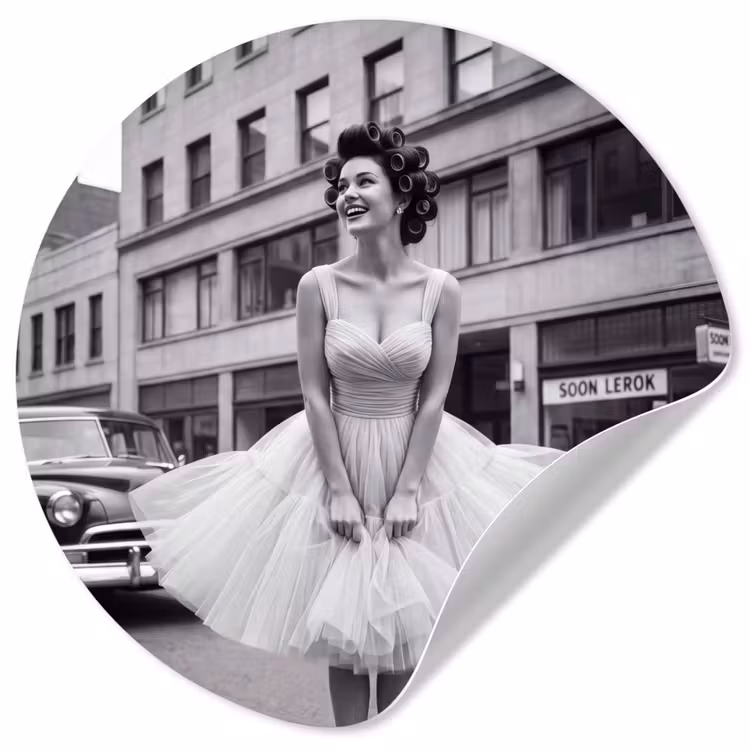 Retro - Vrouw - Zwart - Wit Wandcirkel behangsticker klein -3d