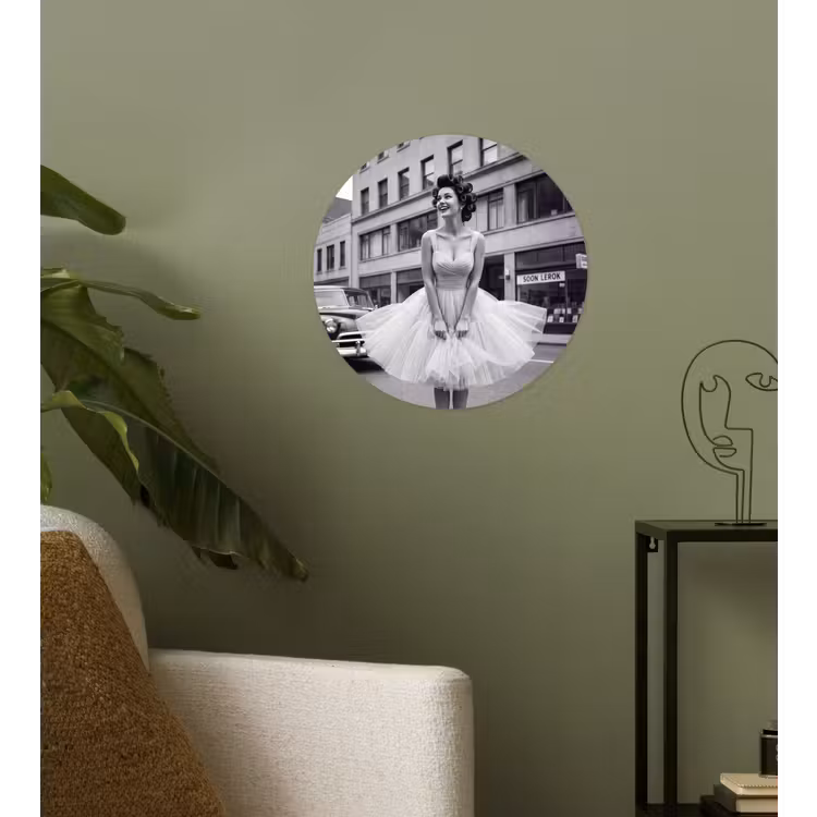 Retro - Vrouw - Zwart - Wit Wandcirkel behangsticker klein -sfeer2