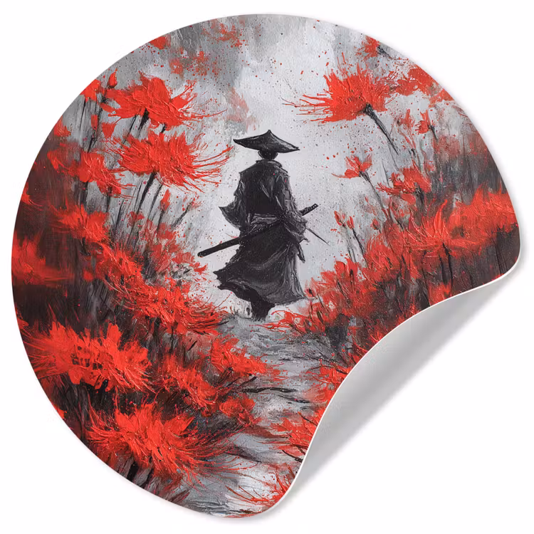 Rode bloemen - mistig - Man Wandcirkel behangsticker klein -3d