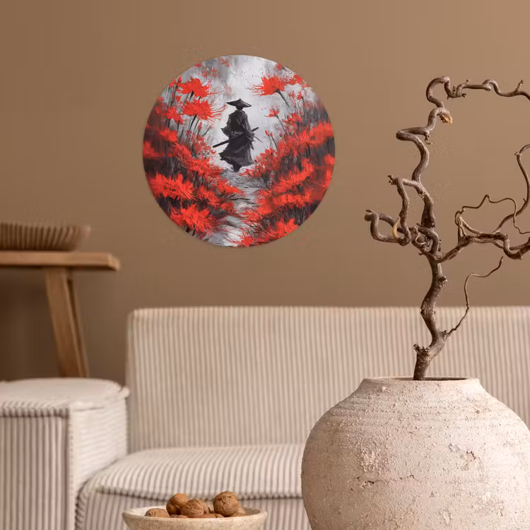 Rode bloemen - mistig - Man Wandcirkel behangsticker klein -sfeer1