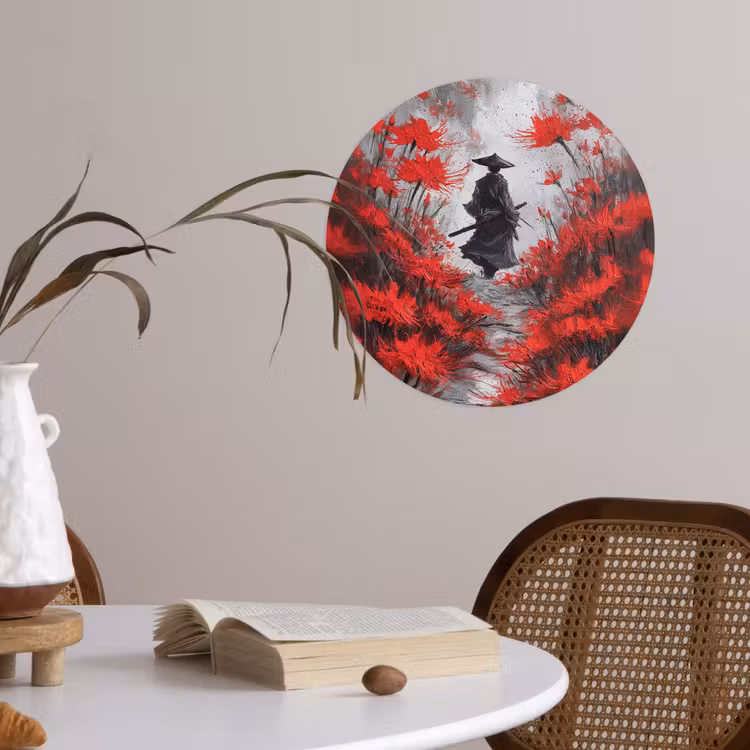 Rode bloemen - mistig - Man Wandcirkel behangsticker klein -sfeer3