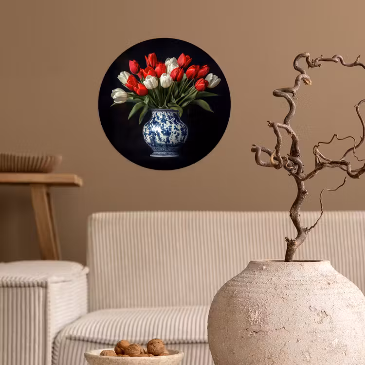 Rode - Bloemen - Tulpen - Vaas Wandcirkel behangsticker klein -sfeer1