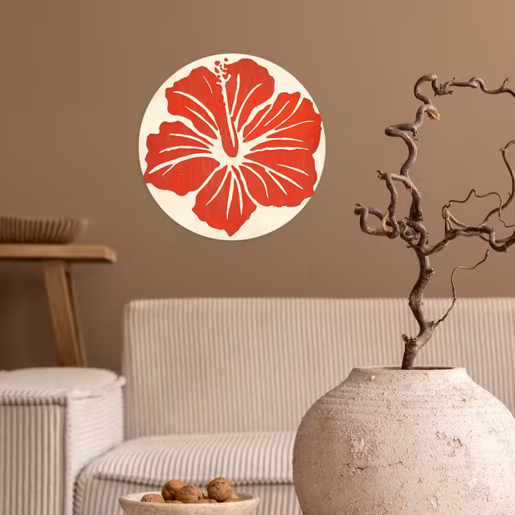 Rode hibiscusbloem - Textuur achtergrond - Beige Wandcirkel behangsticker klein -sfeer1