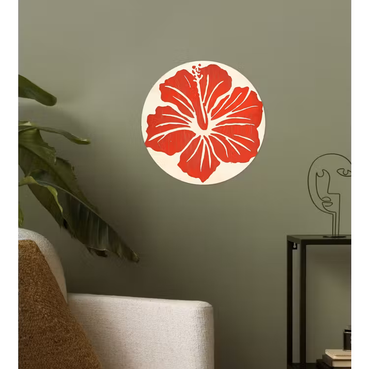 Rode hibiscusbloem - Textuur achtergrond - Beige Wandcirkel behangsticker klein -sfeer2