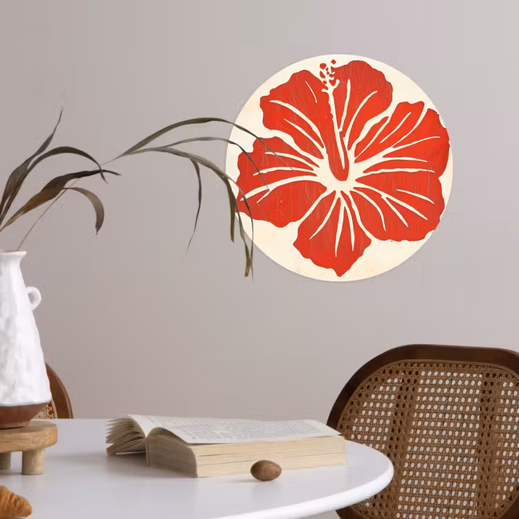 Rode hibiscusbloem - Textuur achtergrond - Beige Wandcirkel behangsticker klein -sfeer3