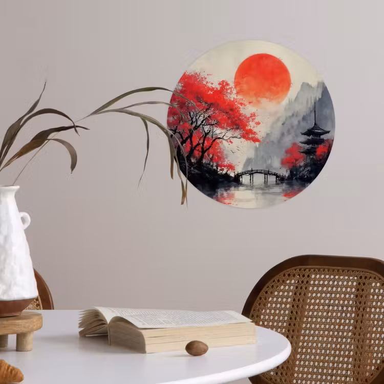 Rode zon - Rivier - brug - Bomen Wandcirkel behangsticker klein -sfeer3