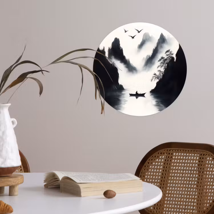 Roeiboot - Mistig - Bergen - Vogels Wandcirkel behangsticker klein -sfeer3