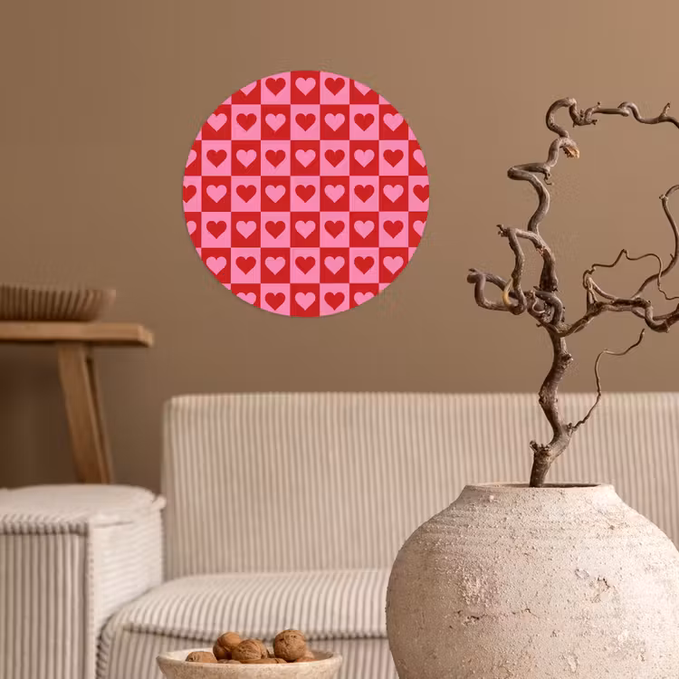 Rood - Roze - Schaakbord - Valentijn Wandcirkel behangsticker klein -sfeer1