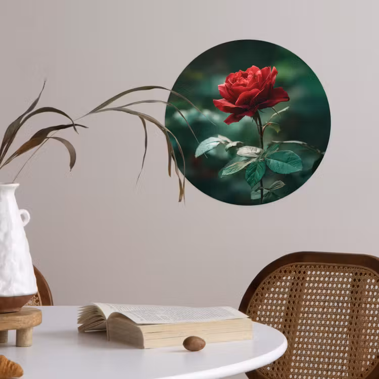 Roos - Bladeren - Dieprood Wandcirkel behangsticker klein -sfeer3
