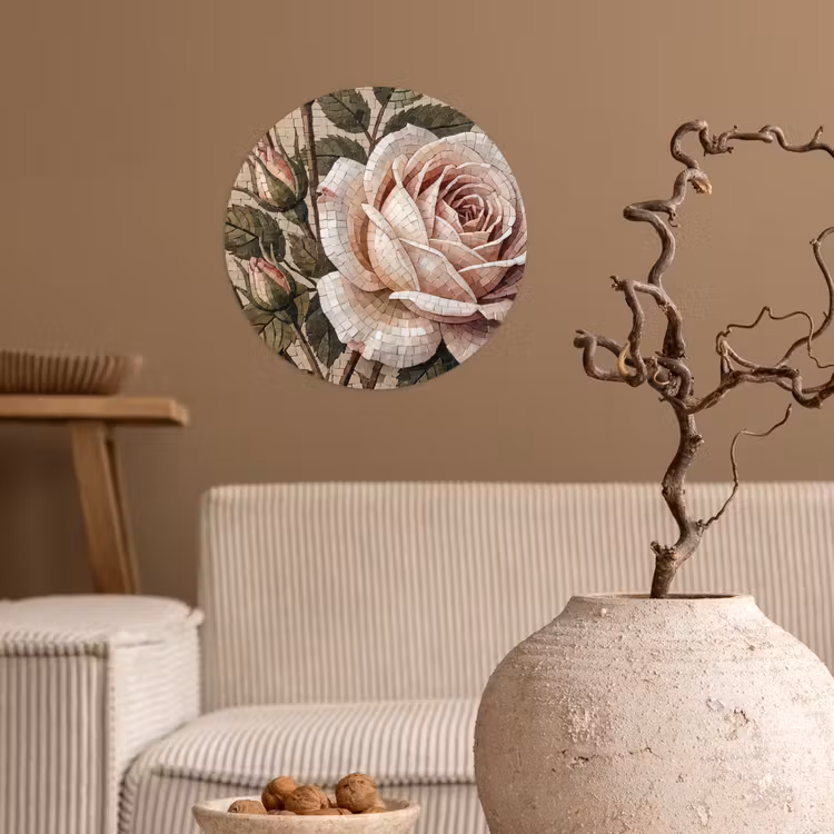 Roos - Mozaïek - Bloemen - Klassiek - Beige Wandcirkel behangsticker klein -sfeer1