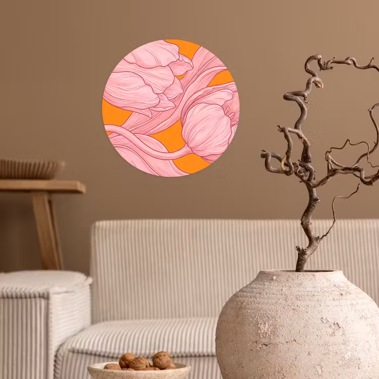 Behangcirkel - Roze bloemen - Modern - Roze bloemen - Modern Wandcirkel behangsticker klein