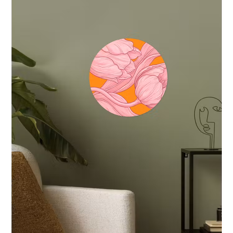 Behangcirkel - Roze bloemen - Modern - Roze bloemen - Modern Wandcirkel behangsticker klein