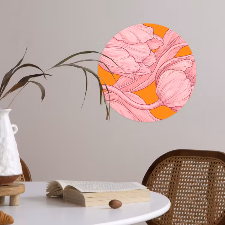 Behangcirkel - Roze bloemen - Modern - Roze bloemen - Modern Wandcirkel behangsticker klein
