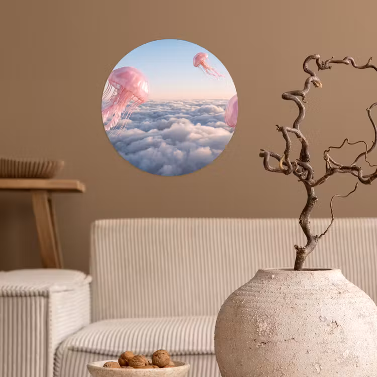 Behangcirkel - Roze dier - Wolken - Roze dier - Wolken Wandcirkel behangsticker klein