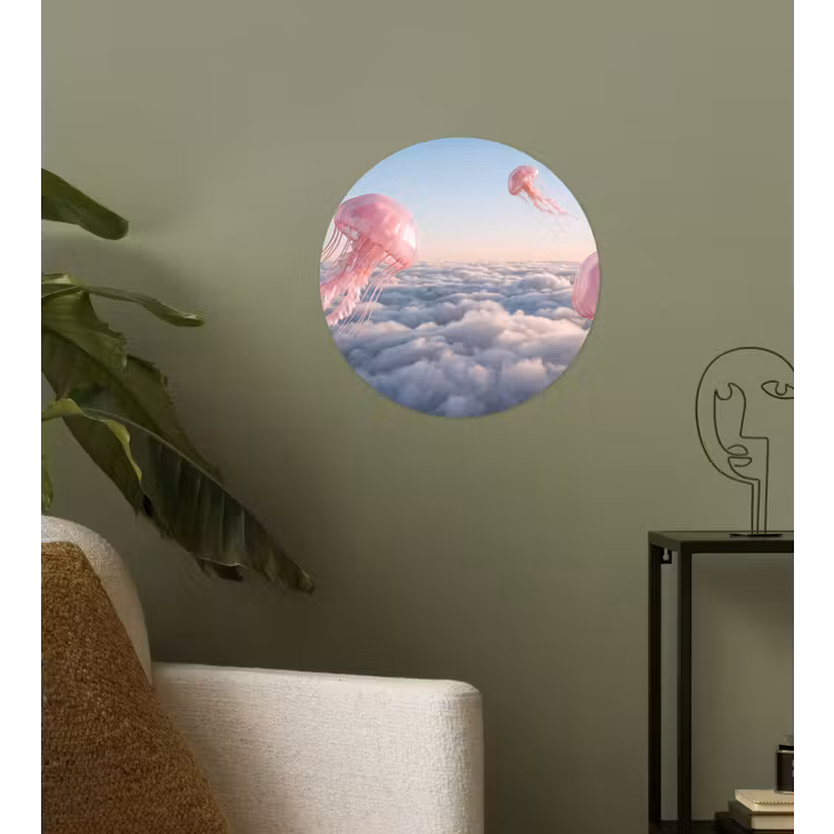 Behangcirkel - Roze dier - Wolken - Roze dier - Wolken Wandcirkel behangsticker klein