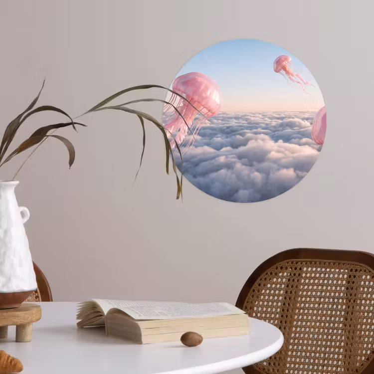 Behangcirkel - Roze dier - Wolken - Roze dier - Wolken Wandcirkel behangsticker klein