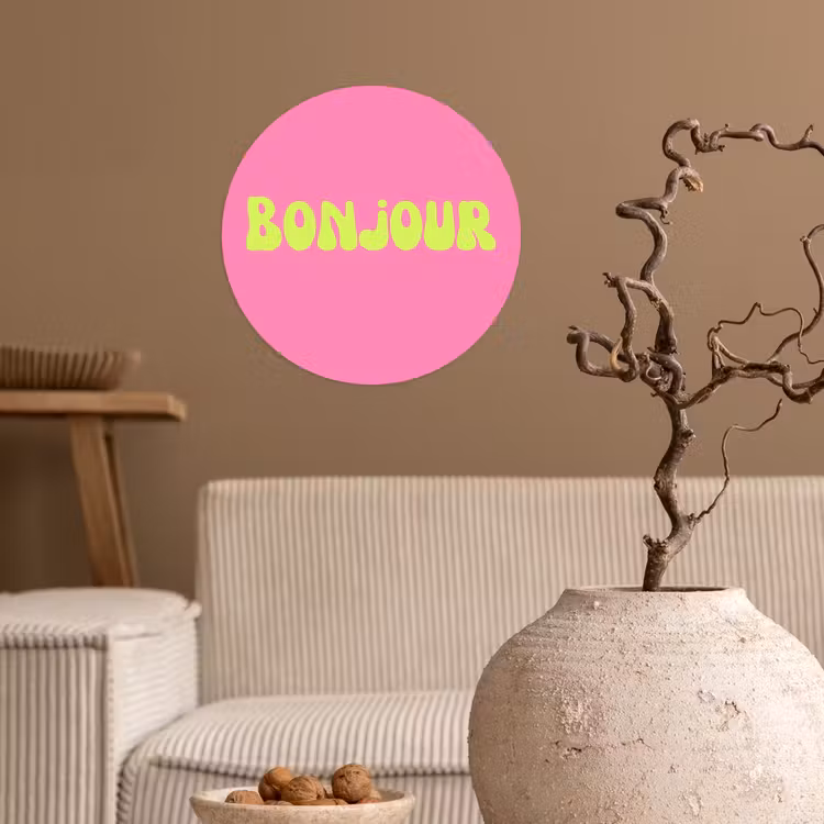 Roze - Groene bonjour - Organisch Wandcirkel behangsticker klein -sfeer1