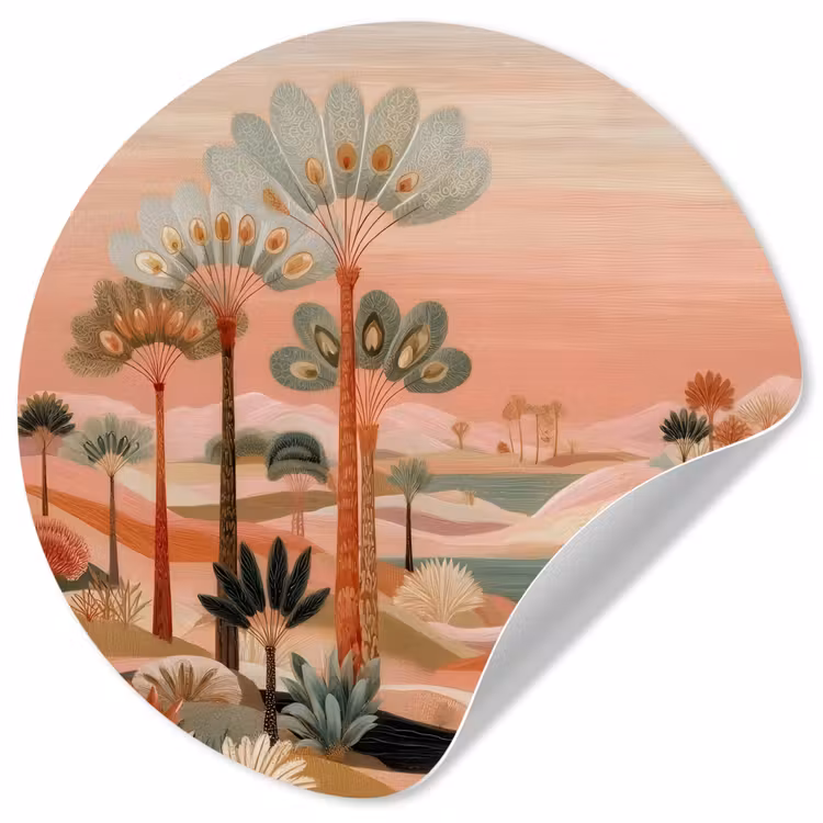 Roze landschap - Palmen - Water Wandcirkel behangsticker klein -3d