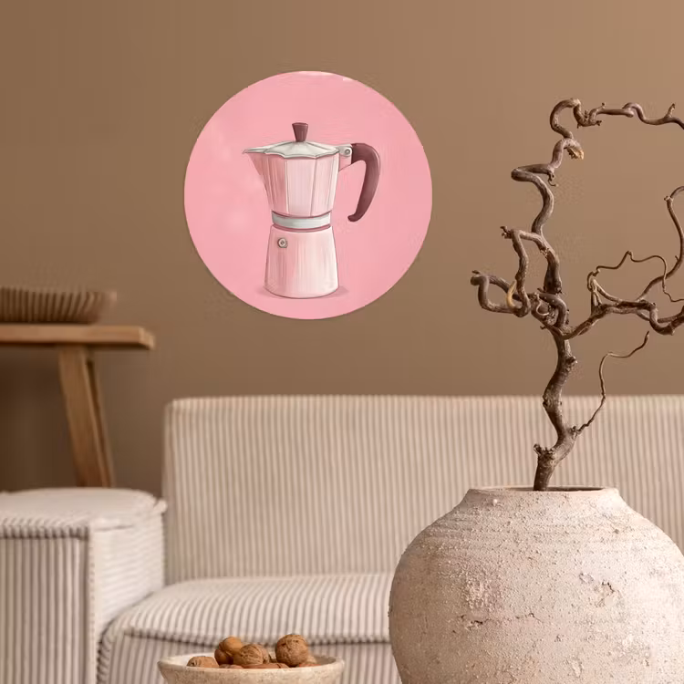 Roze - Mokkapot - Illustratie - Koffie Wandcirkel behangsticker klein -sfeer1