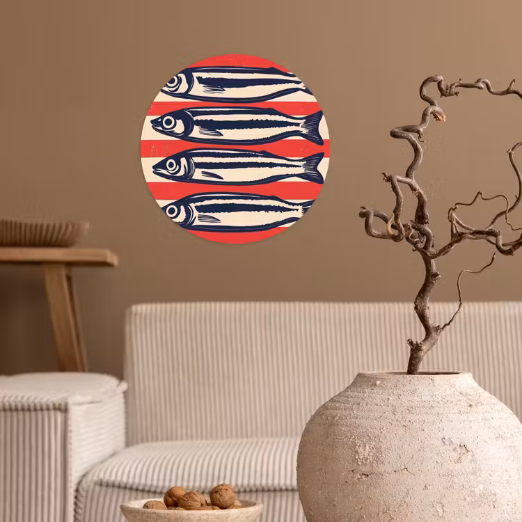 Sardines - Rood en beige strepen Wandcirkel behangsticker klein -sfeer1
