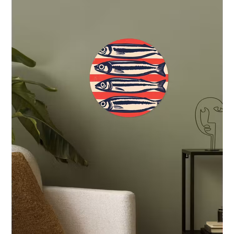Sardines - Rood en beige strepen Wandcirkel behangsticker klein -sfeer2