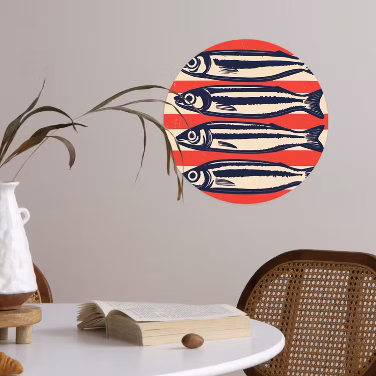Sardines - Rood en beige strepen Wandcirkel behangsticker klein -sfeer3
