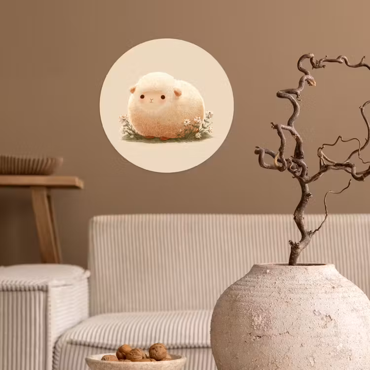 Schaap - Beige - Bloemen Wandcirkel behangsticker klein -sfeer1