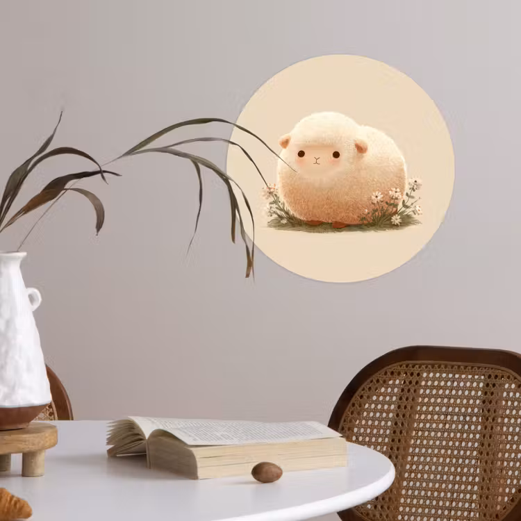 Schaap - Beige - Bloemen Wandcirkel behangsticker klein -sfeer3