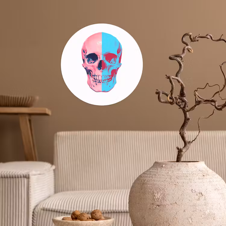 Schedel - Grafisch - Roze - Verdeeld Wandcirkel behangsticker klein -sfeer1