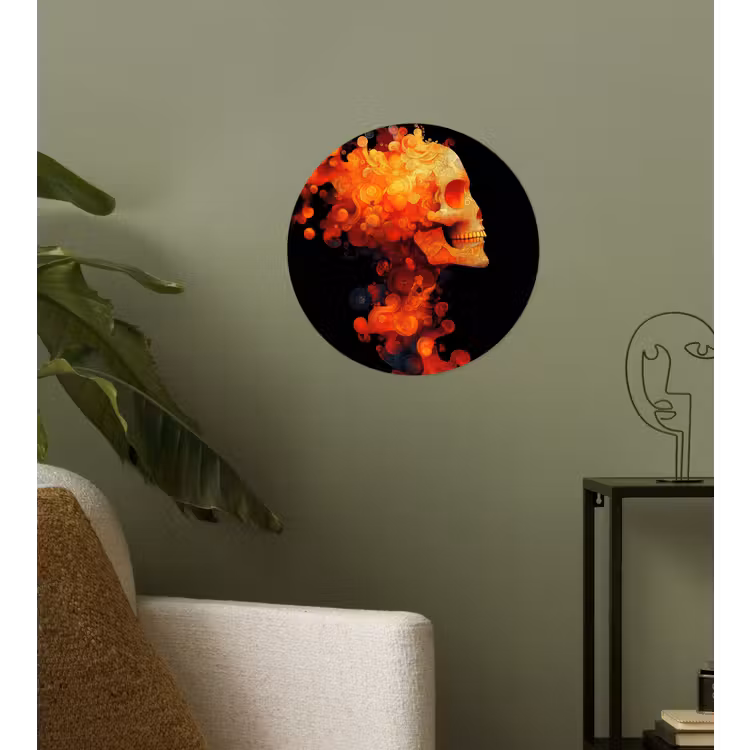 Schedel - Oranje - Zijaanzicht - Vlammen Wandcirkel behangsticker klein -sfeer2