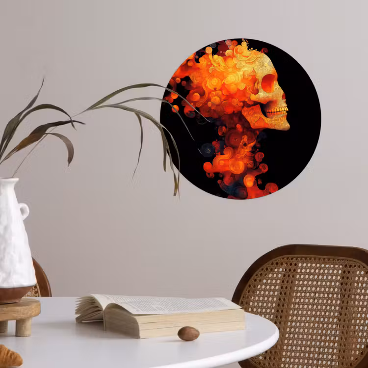 Schedel - Oranje - Zijaanzicht - Vlammen Wandcirkel behangsticker klein -sfeer3