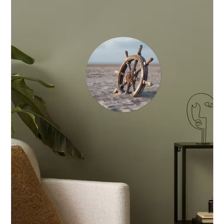 Scheepsstuur - Hout - Bruin - Zand Wandcirkel behangsticker klein -sfeer2