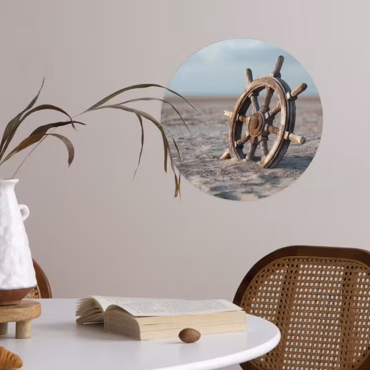 Scheepsstuur - Hout - Bruin - Zand Wandcirkel behangsticker klein -sfeer3