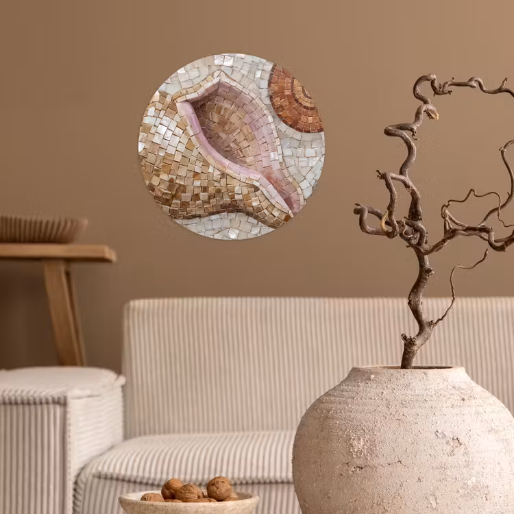 Schelp - Mozaïek - Zee - Beige - Modern Wandcirkel behangsticker klein -sfeer1
