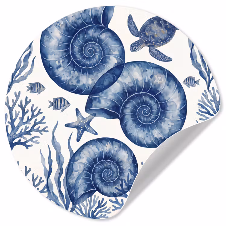 Schelp - Spiraal - Zeeleven - Aquarel - Blauw Wandcirkel behangsticker klein -3d