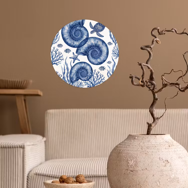 Schelp - Spiraal - Zeeleven - Aquarel - Blauw Wandcirkel behangsticker klein -sfeer1