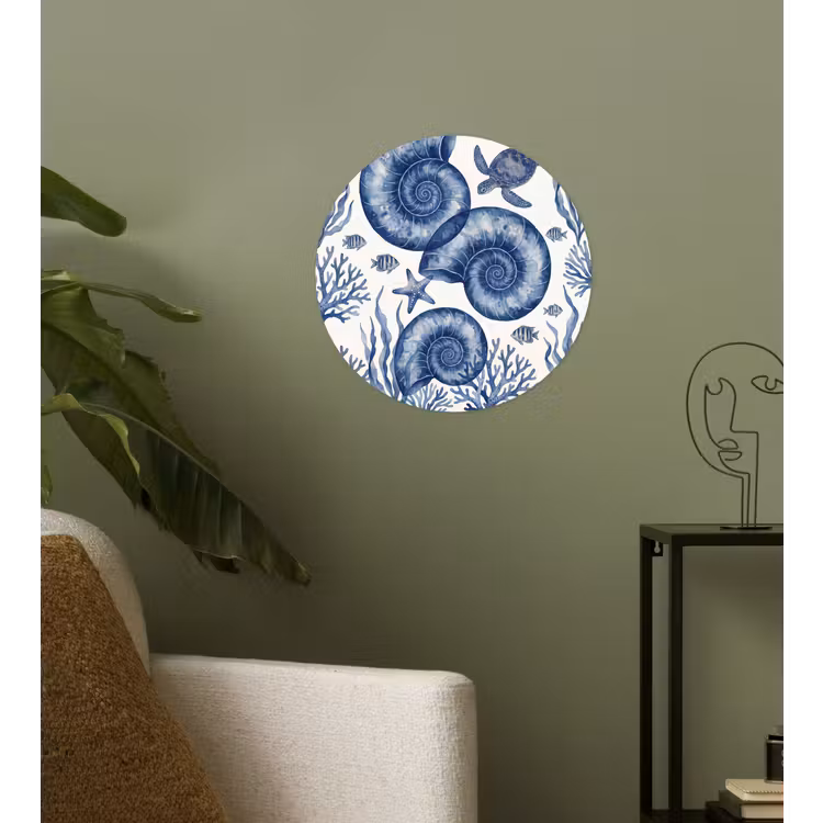 Schelp - Spiraal - Zeeleven - Aquarel - Blauw Wandcirkel behangsticker klein -sfeer2