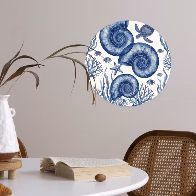 Schelp - Spiraal - Zeeleven - Aquarel - Blauw Wandcirkel behangsticker klein -sfeer3