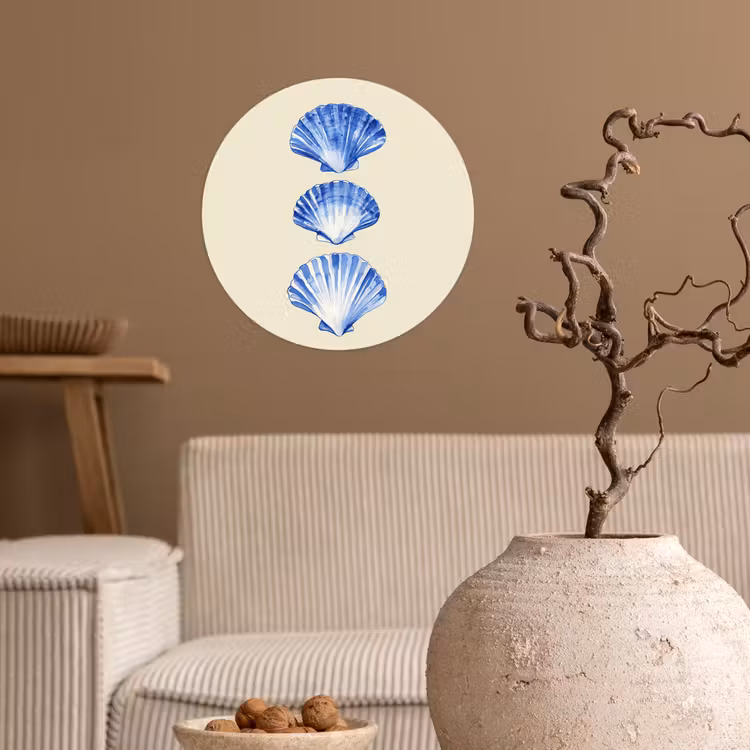 Schelpen - Blauw - Beige Wandcirkel behangsticker klein -sfeer1