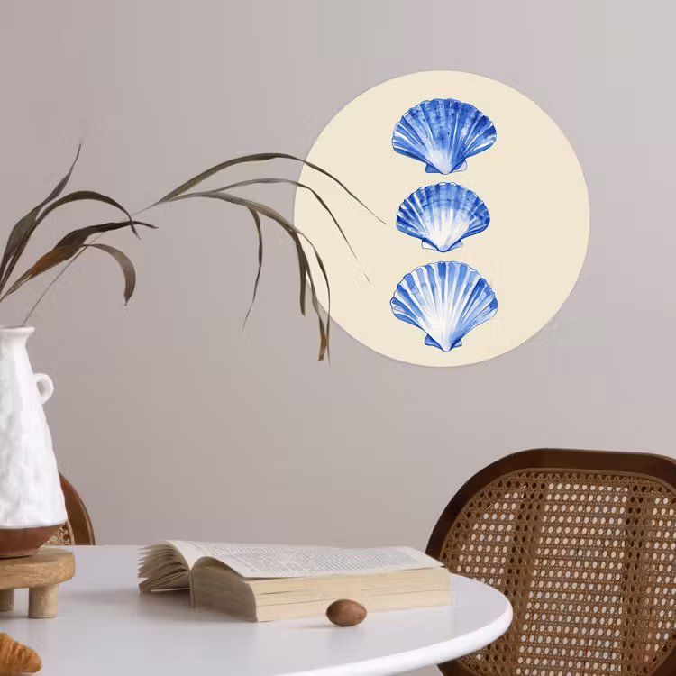 Schelpen - Blauw - Beige Wandcirkel behangsticker klein -sfeer3