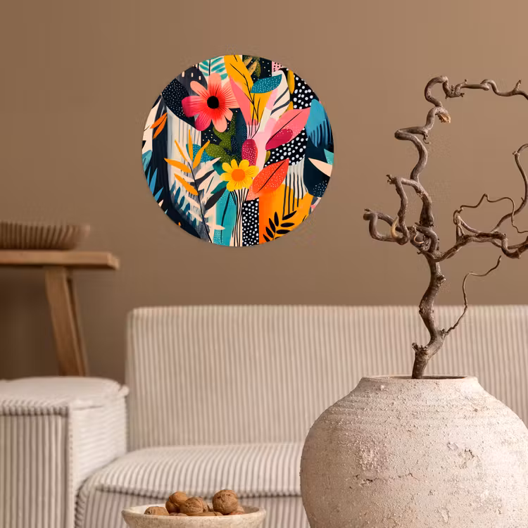 Schilderij - Abstract - Bloemen - Roze Wandcirkel behangsticker klein -sfeer1
