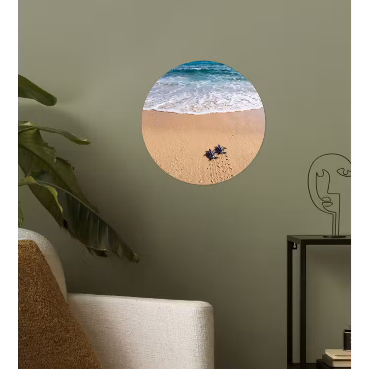 Schildpad - Jong - Strand - Oceaan - Blauw Wandcirkel behangsticker klein -sfeer2