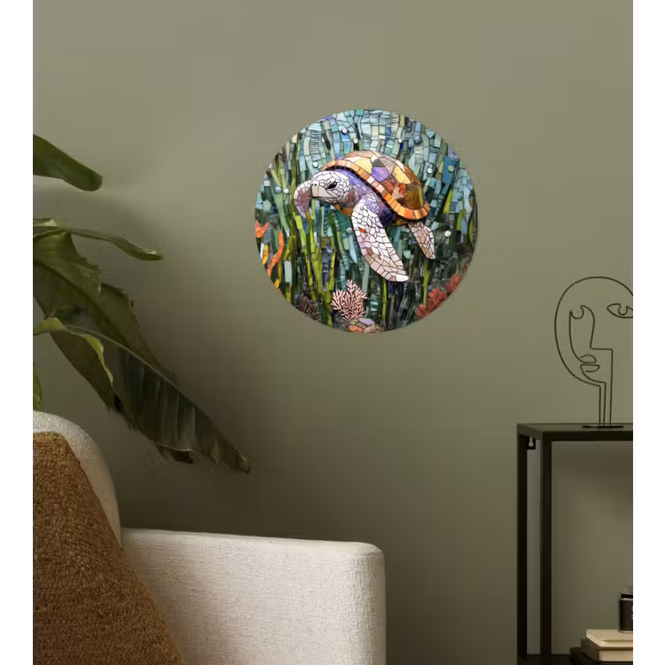 Schildpad - Zeewier - Mozaïek Wandcirkel behangsticker klein -sfeer2