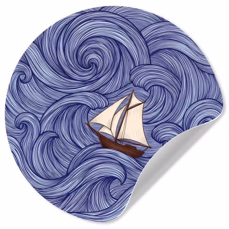 Schip - Golven - Zee - Illustratie - Blauw Wandcirkel behangsticker klein -3d