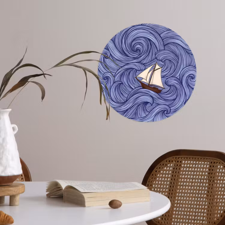 Schip - Golven - Zee - Illustratie - Blauw Wandcirkel behangsticker klein -sfeer3
