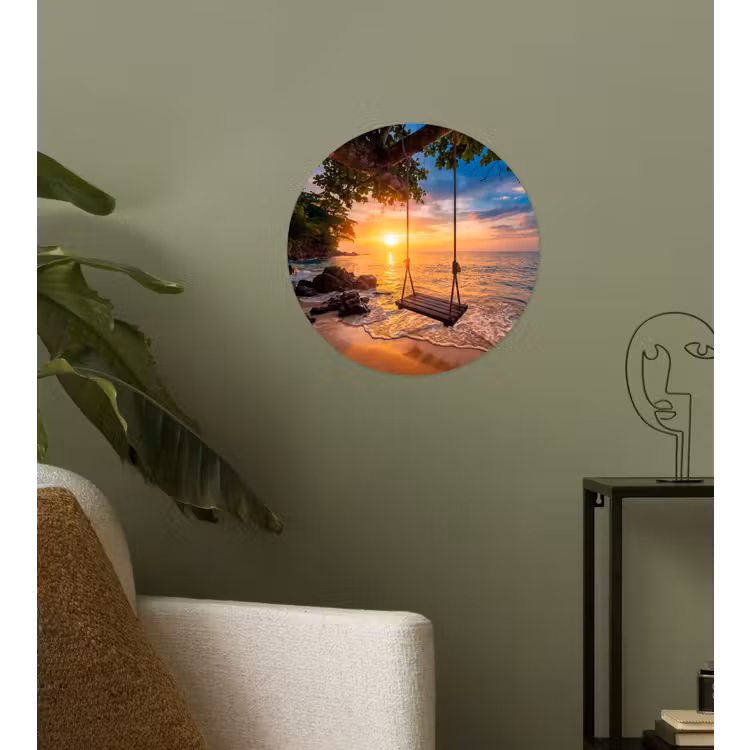 Schommel - Strand - Zonsondergang - Natuur - Oranje Wandcirkel behangsticker klein -sfeer2