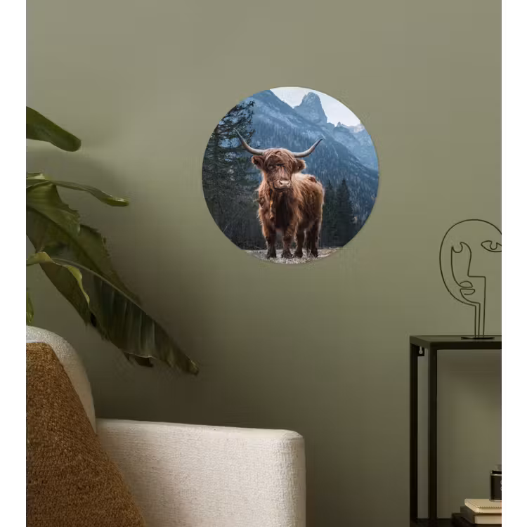 Schotse hooglander - Berg - Landschap - Bomen - Koe - Natuur Wandcirkel behangsticker klein -sfeer2