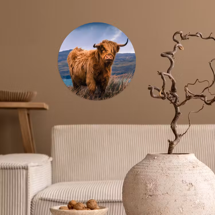 Schotse Hooglander - Berg - Water - Natuur - Koe Wandcirkel behangsticker klein -sfeer1