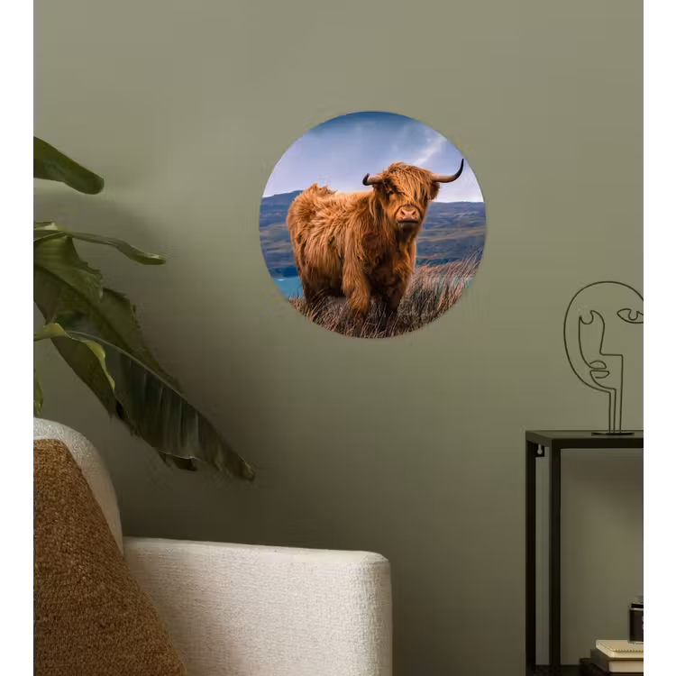 Schotse Hooglander - Berg - Water - Natuur - Koe Wandcirkel behangsticker klein -sfeer2